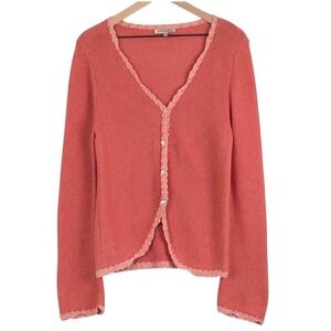 INDIGENOUS Organic Cotton Crochet Trim Cardigan Sz S Coral Pink V-Neck Button